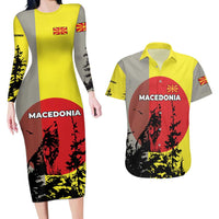 Macedonia Couples Matching Long Sleeve Bodycon Dress and Hawaiian Shirt with Howling Wolf and Sunset Forest Design - Wonder Print Shop