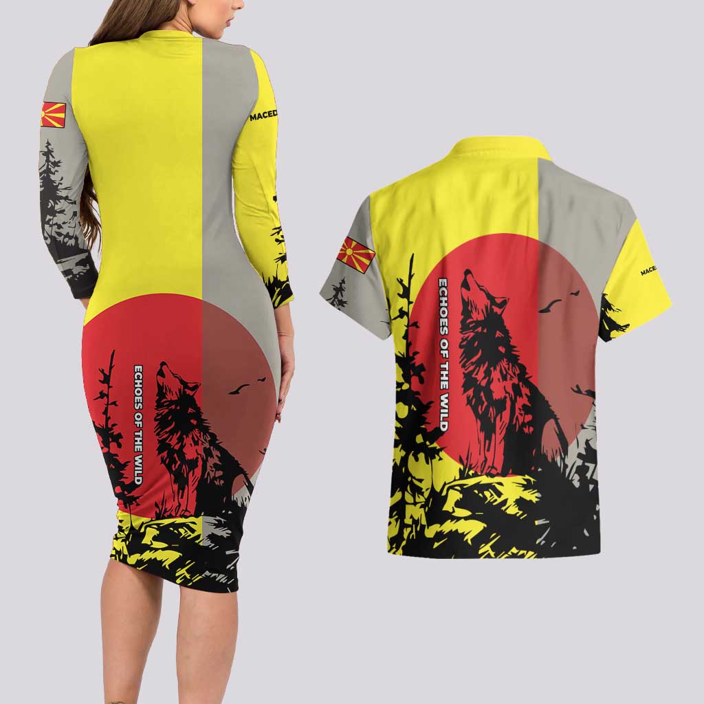 Macedonia Couples Matching Long Sleeve Bodycon Dress and Hawaiian Shirt with Howling Wolf and Sunset Forest Design - Wonder Print Shop