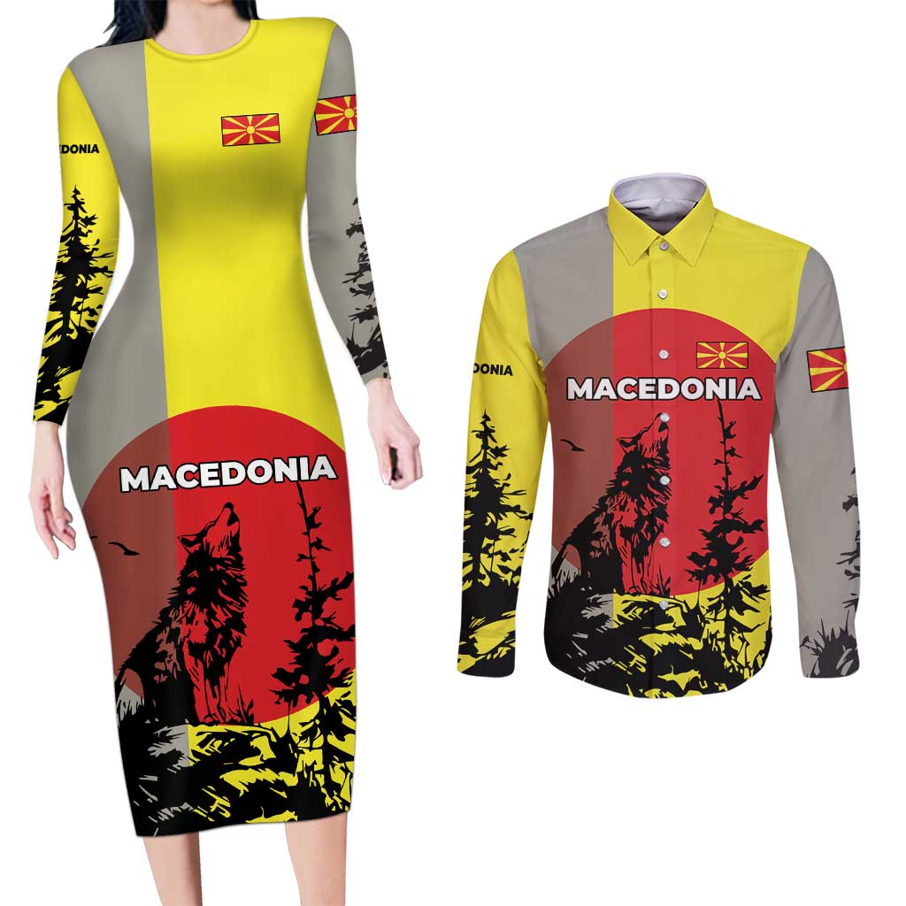 Macedonia Couples Matching Long Sleeve Bodycon Dress and Long Sleeve Button Shirt with Howling Wolf and Sunset Forest Design - Wonder Print Shop