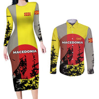 Macedonia Couples Matching Long Sleeve Bodycon Dress and Long Sleeve Button Shirt with Howling Wolf and Sunset Forest Design - Wonder Print Shop