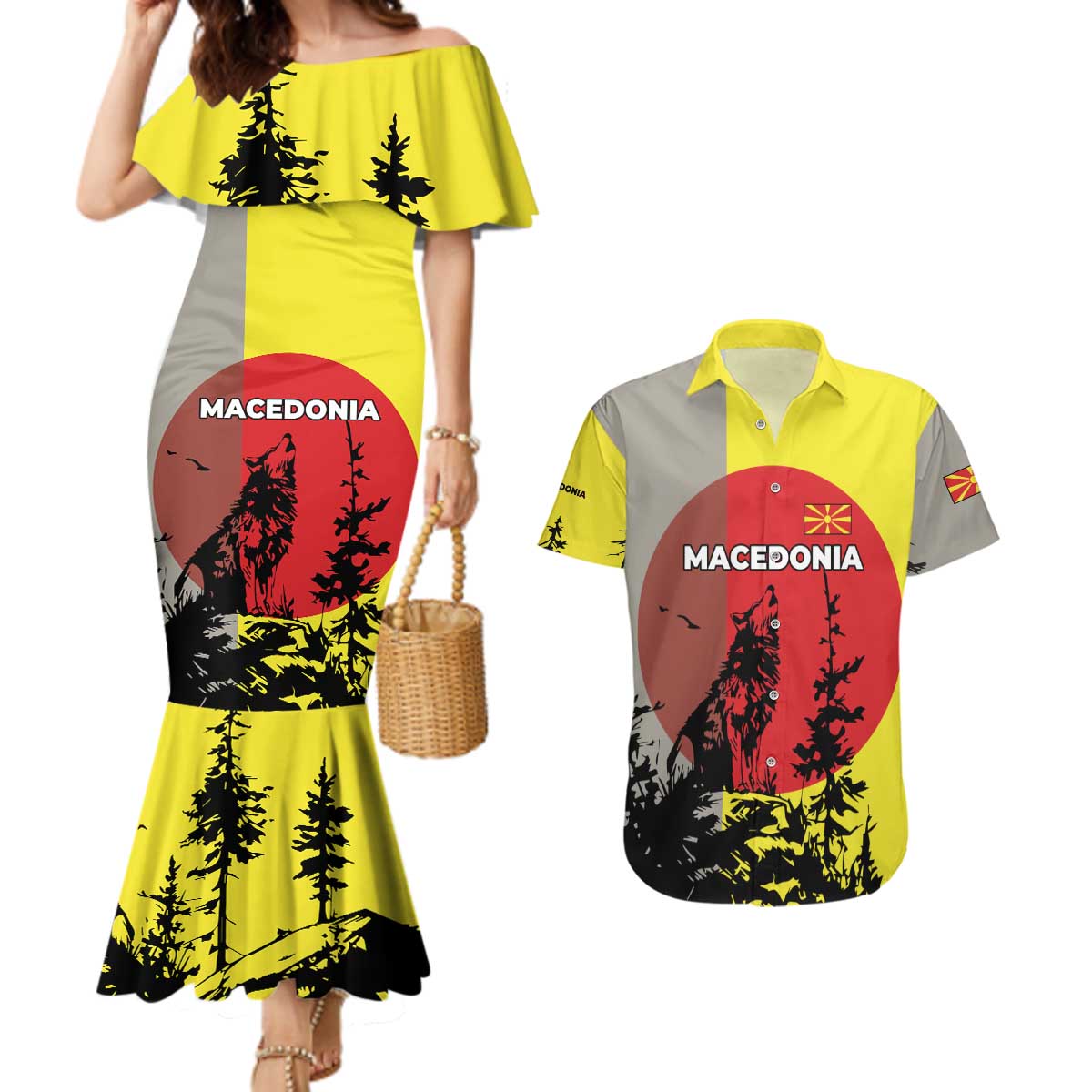 Macedonia Couples Matching Mermaid Dress and Hawaiian Shirt with Howling Wolf and Sunset Forest Design - Wonder Print Shop
