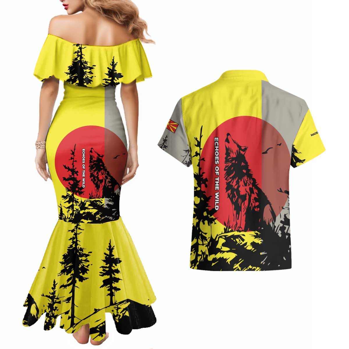 Macedonia Couples Matching Mermaid Dress and Hawaiian Shirt with Howling Wolf and Sunset Forest Design - Wonder Print Shop