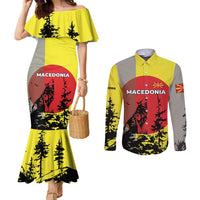 Macedonia Couples Matching Mermaid Dress and Long Sleeve Button Shirt with Howling Wolf and Sunset Forest Design - Wonder Print Shop