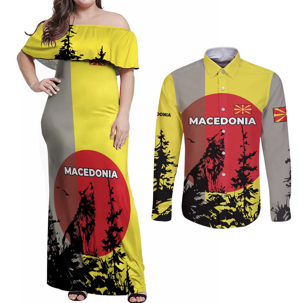 Macedonia Couples Matching Off Shoulder Maxi Dress and Long Sleeve Button Shirt with Howling Wolf and Sunset Forest Design - Wonder Print Shop