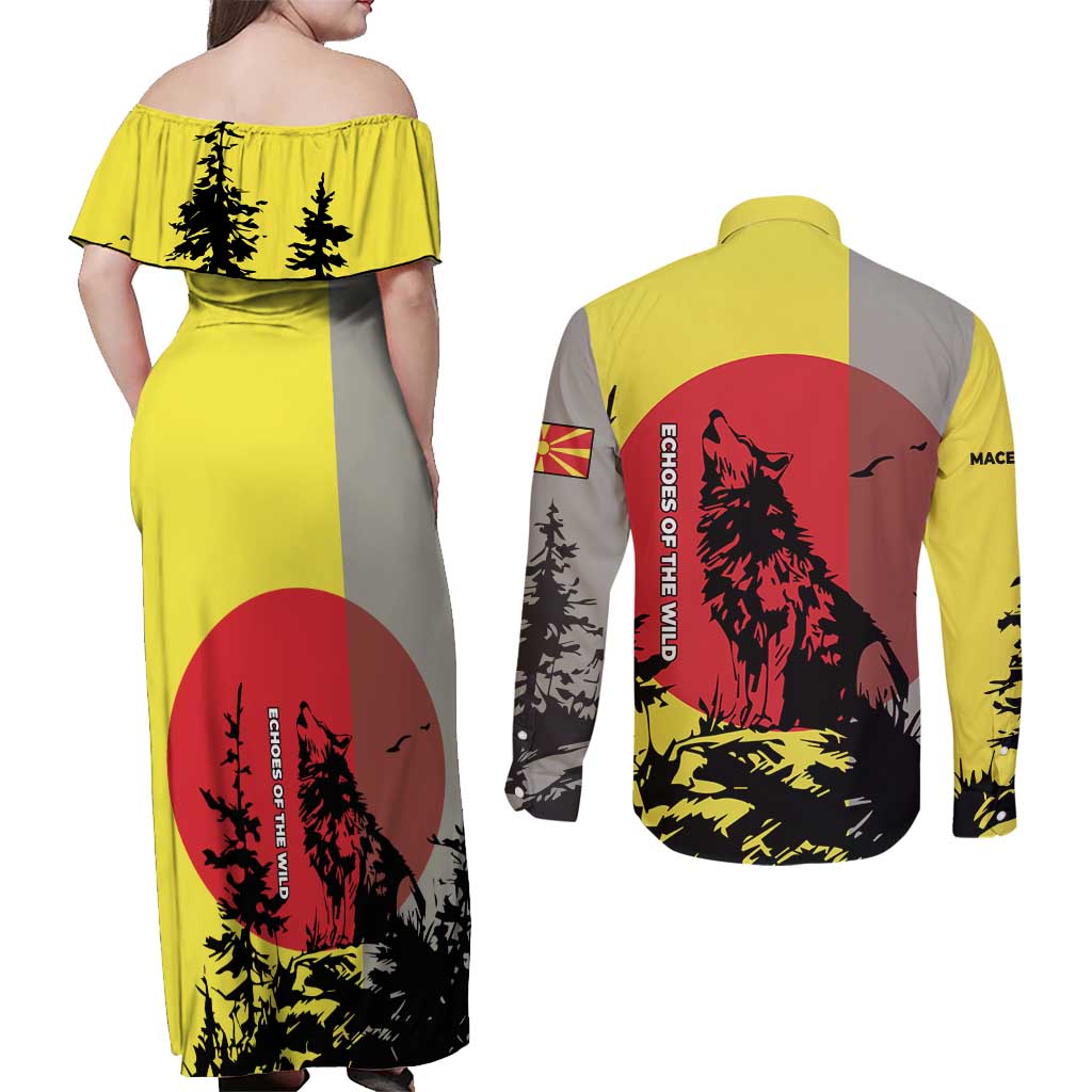 Macedonia Couples Matching Off Shoulder Maxi Dress and Long Sleeve Button Shirt with Howling Wolf and Sunset Forest Design - Wonder Print Shop