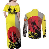 Macedonia Couples Matching Off Shoulder Maxi Dress and Long Sleeve Button Shirt with Howling Wolf and Sunset Forest Design - Wonder Print Shop