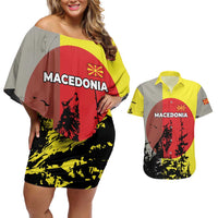 Macedonia Couples Matching Off Shoulder Short Dress and Hawaiian Shirt with Howling Wolf and Sunset Forest Design - Wonder Print Shop