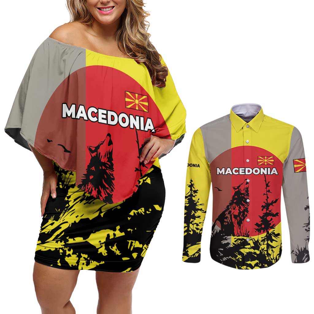 Macedonia Couples Matching Off Shoulder Short Dress and Long Sleeve Button Shirt with Howling Wolf and Sunset Forest Design - Wonder Print Shop