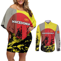 Macedonia Couples Matching Off Shoulder Short Dress and Long Sleeve Button Shirt with Howling Wolf and Sunset Forest Design - Wonder Print Shop