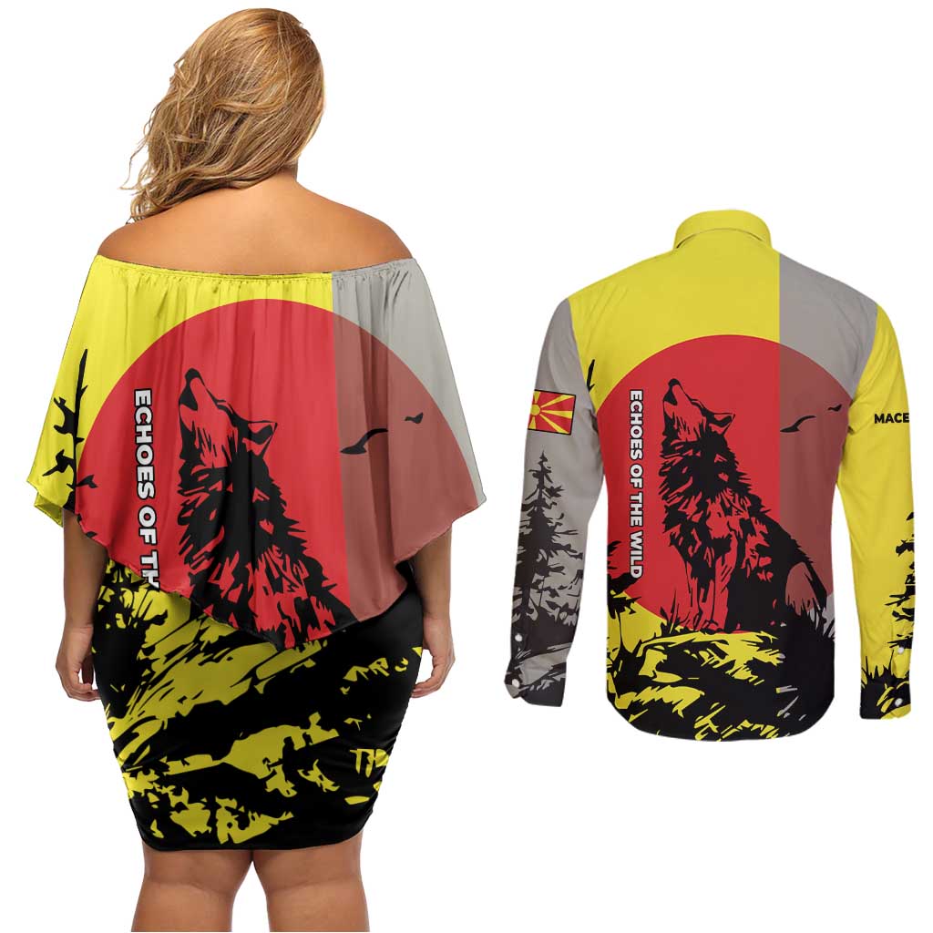 Macedonia Couples Matching Off Shoulder Short Dress and Long Sleeve Button Shirt with Howling Wolf and Sunset Forest Design - Wonder Print Shop