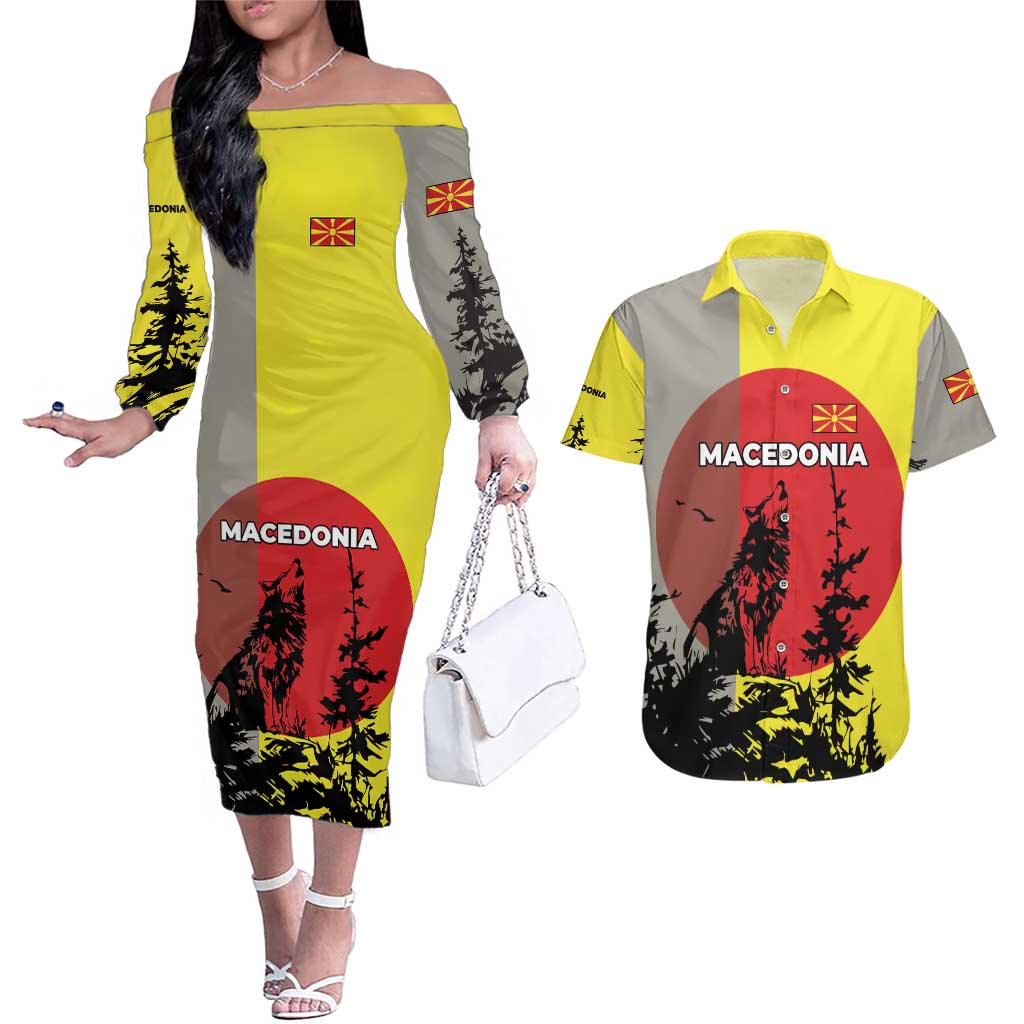 Macedonia Couples Matching Off The Shoulder Long Sleeve Dress and Hawaiian Shirt with Howling Wolf and Sunset Forest Design - Wonder Print Shop