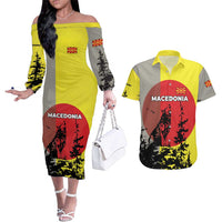 Macedonia Couples Matching Off The Shoulder Long Sleeve Dress and Hawaiian Shirt with Howling Wolf and Sunset Forest Design - Wonder Print Shop