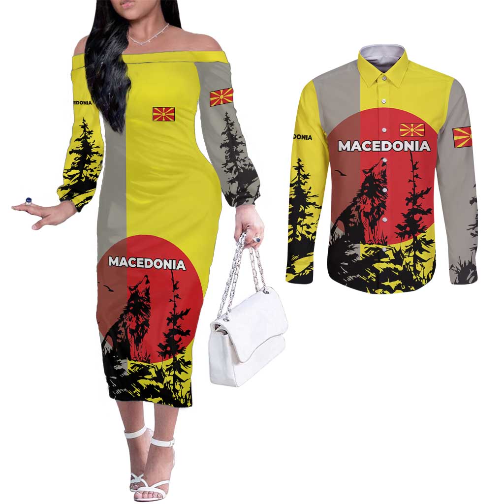Macedonia Couples Matching Off The Shoulder Long Sleeve Dress and Long Sleeve Button Shirt with Howling Wolf and Sunset Forest Design - Wonder Print Shop