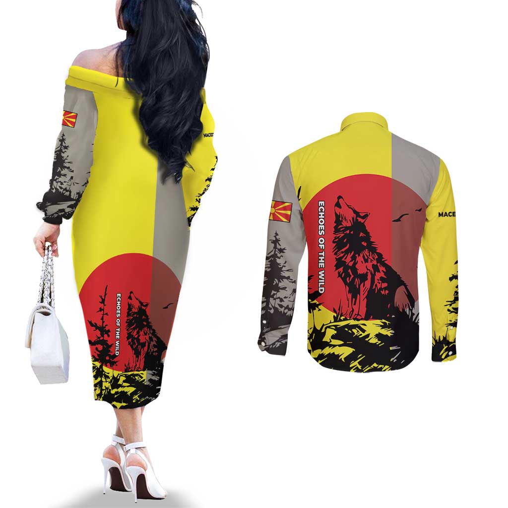 Macedonia Couples Matching Off The Shoulder Long Sleeve Dress and Long Sleeve Button Shirt with Howling Wolf and Sunset Forest Design - Wonder Print Shop
