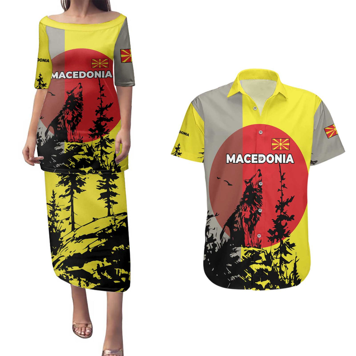Macedonia Couples Matching Puletasi and Hawaiian Shirt with Howling Wolf and Sunset Forest Design - Wonder Print Shop