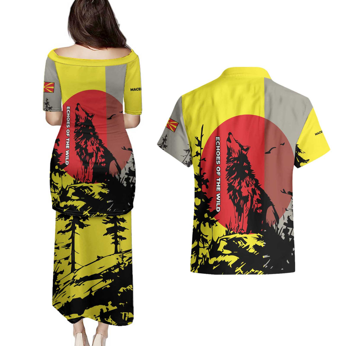 Macedonia Couples Matching Puletasi and Hawaiian Shirt with Howling Wolf and Sunset Forest Design - Wonder Print Shop