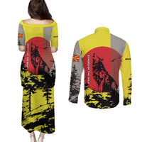 Macedonia Couples Matching Puletasi and Long Sleeve Button Shirt with Howling Wolf and Sunset Forest Design - Wonder Print Shop