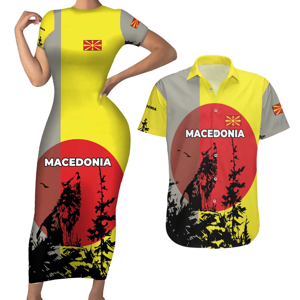 Macedonia Couples Matching Short Sleeve Bodycon Dress and Hawaiian Shirt with Howling Wolf and Sunset Forest Design - Wonder Print Shop