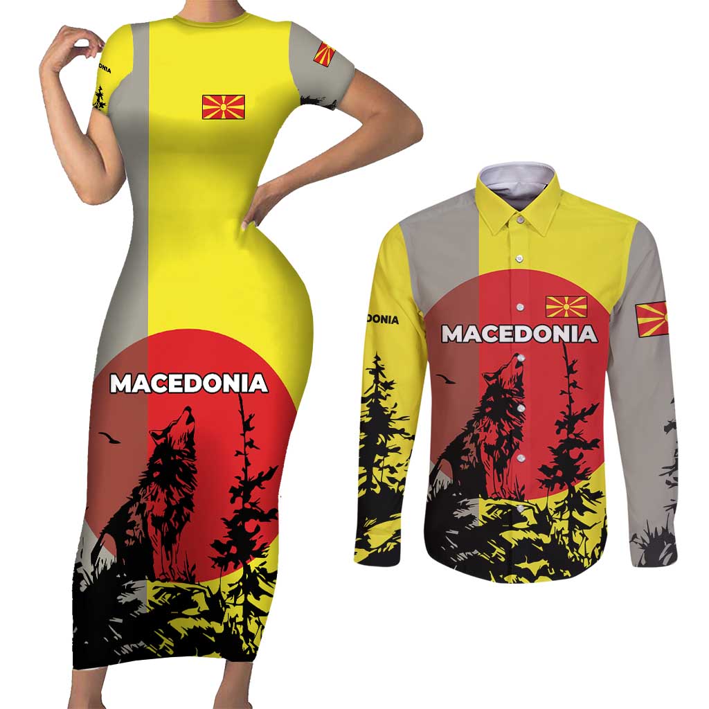 Macedonia Couples Matching Short Sleeve Bodycon Dress and Long Sleeve Button Shirt with Howling Wolf and Sunset Forest Design - Wonder Print Shop