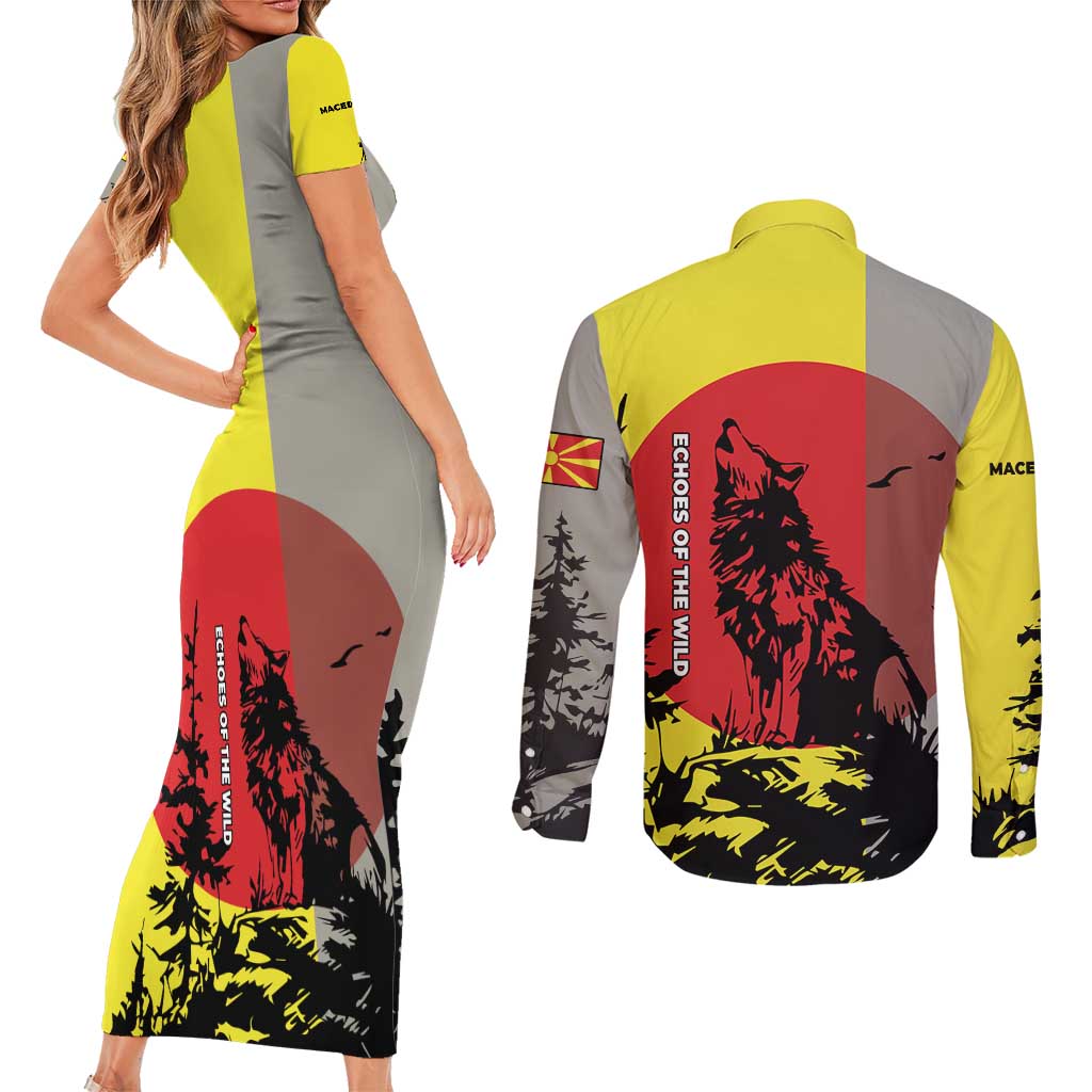 Macedonia Couples Matching Short Sleeve Bodycon Dress and Long Sleeve Button Shirt with Howling Wolf and Sunset Forest Design - Wonder Print Shop
