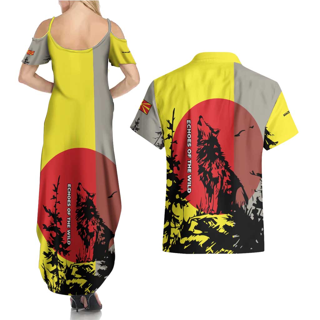 Macedonia Couples Matching Summer Maxi Dress and Hawaiian Shirt with Howling Wolf and Sunset Forest Design - Wonder Print Shop