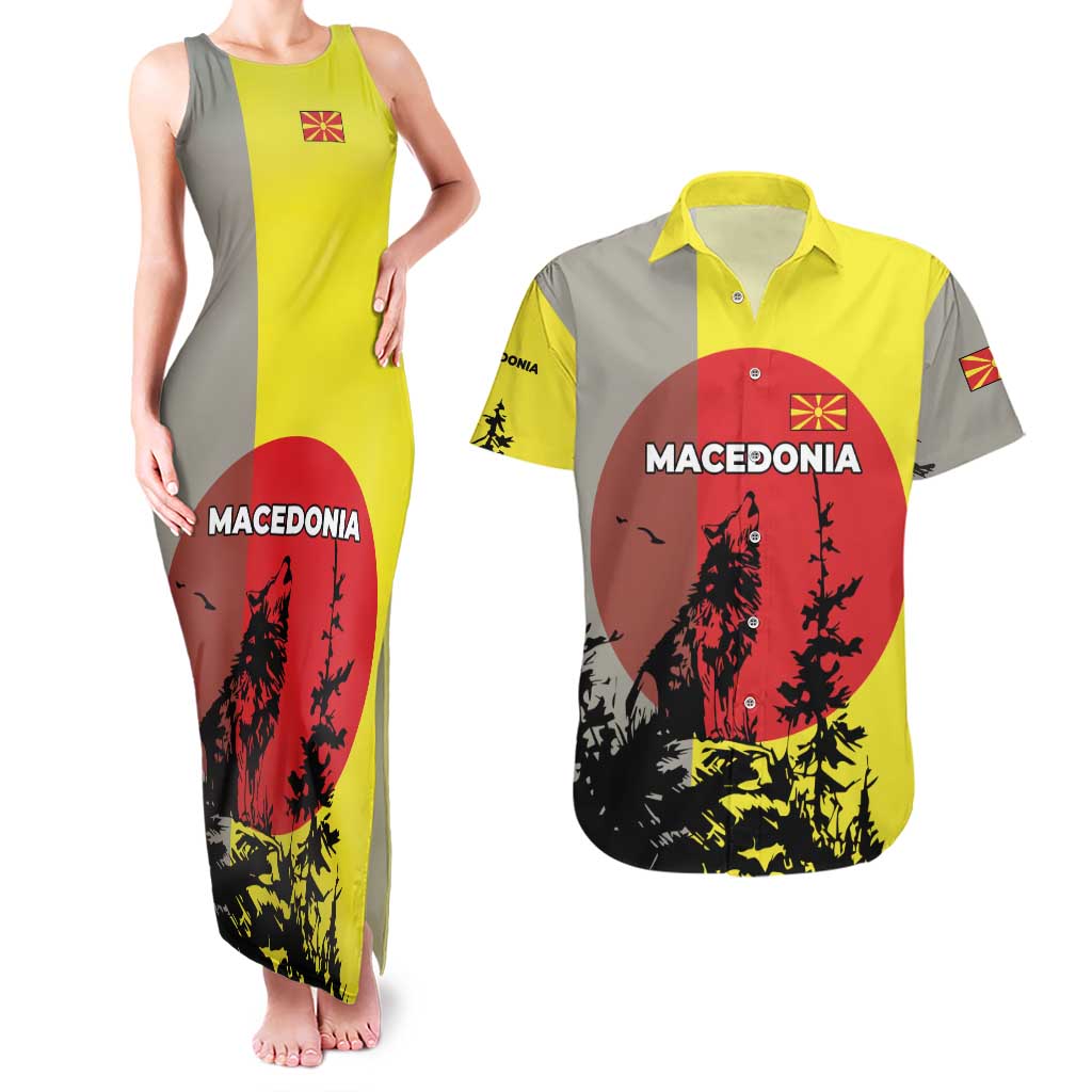 Macedonia Couples Matching Tank Maxi Dress and Hawaiian Shirt with Howling Wolf and Sunset Forest Design - Wonder Print Shop
