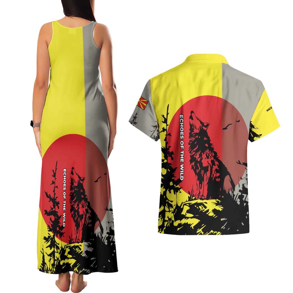 Macedonia Couples Matching Tank Maxi Dress and Hawaiian Shirt with Howling Wolf and Sunset Forest Design - Wonder Print Shop