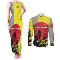 Macedonia Couples Matching Tank Maxi Dress and Long Sleeve Button Shirt with Howling Wolf and Sunset Forest Design - Wonder Print Shop
