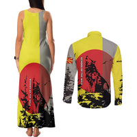 Macedonia Couples Matching Tank Maxi Dress and Long Sleeve Button Shirt with Howling Wolf and Sunset Forest Design - Wonder Print Shop