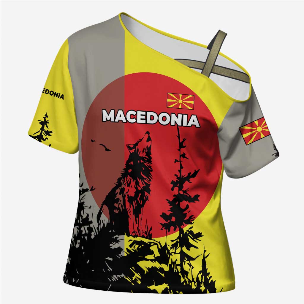 Macedonia Cross Shoulder Shirt with Howling Wolf and Sunset Forest Design - Wonder Print Shop