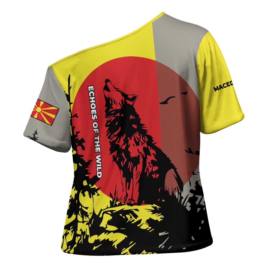 Macedonia Cross Shoulder Shirt with Howling Wolf and Sunset Forest Design - Wonder Print Shop