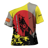 Macedonia Cross Shoulder Shirt with Howling Wolf and Sunset Forest Design - Wonder Print Shop