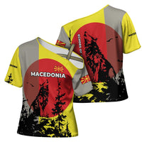 Macedonia Cross Shoulder Shirt with Howling Wolf and Sunset Forest Design - Wonder Print Shop
