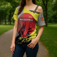 Macedonia Cross Shoulder Shirt with Howling Wolf and Sunset Forest Design - Wonder Print Shop
