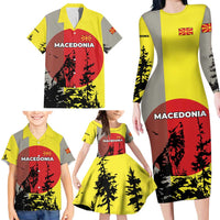 Macedonia Family Matching Long Sleeve Bodycon Dress and Hawaiian Shirt with Howling Wolf and Sunset Forest Design - Wonder Print Shop