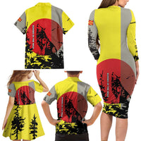 Macedonia Family Matching Long Sleeve Bodycon Dress and Hawaiian Shirt with Howling Wolf and Sunset Forest Design - Wonder Print Shop