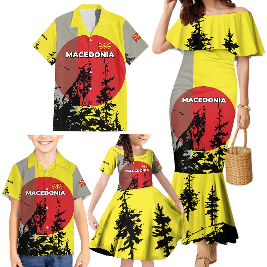 Macedonia Family Matching Mermaid Dress and Hawaiian Shirt with Howling Wolf and Sunset Forest Design - Wonder Print Shop