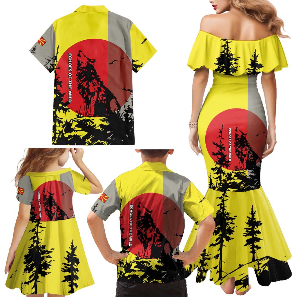 Macedonia Family Matching Mermaid Dress and Hawaiian Shirt with Howling Wolf and Sunset Forest Design - Wonder Print Shop