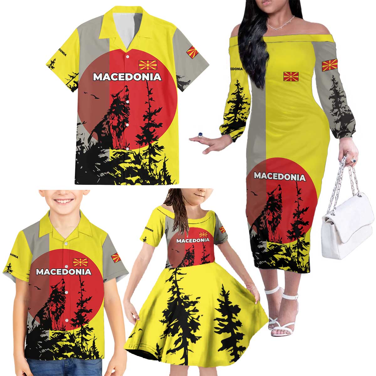 Macedonia Family Matching Off The Shoulder Long Sleeve Dress and Hawaiian Shirt with Howling Wolf and Sunset Forest Design - Wonder Print Shop