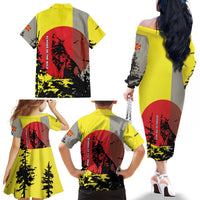 Macedonia Family Matching Off The Shoulder Long Sleeve Dress and Hawaiian Shirt with Howling Wolf and Sunset Forest Design - Wonder Print Shop