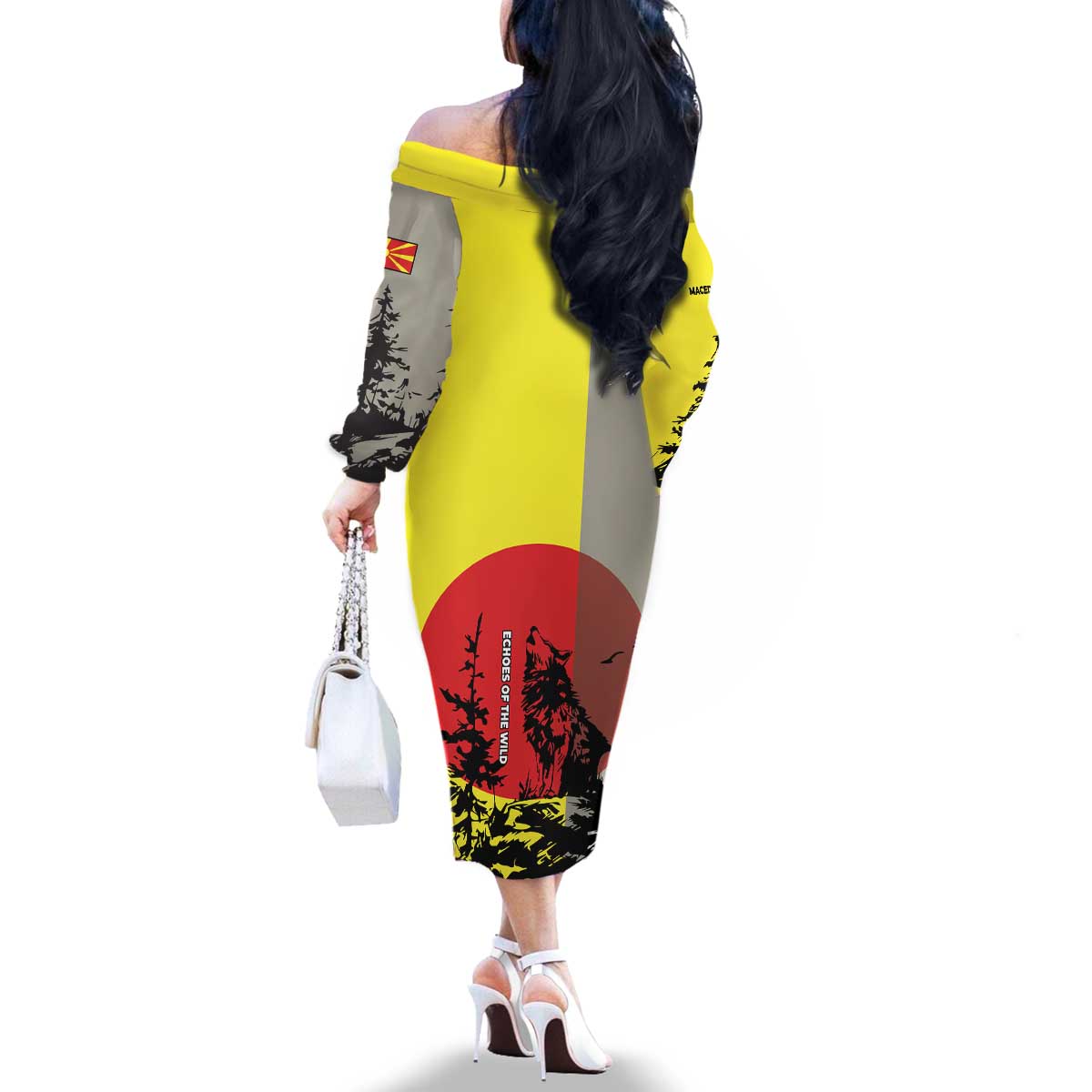 Macedonia Family Matching Off The Shoulder Long Sleeve Dress and Hawaiian Shirt with Howling Wolf and Sunset Forest Design - Wonder Print Shop