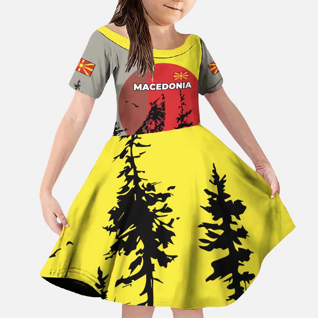 Macedonia Family Matching Off Shoulder Maxi Dress and Hawaiian Shirt with Howling Wolf and Sunset Forest Design - Wonder Print Shop