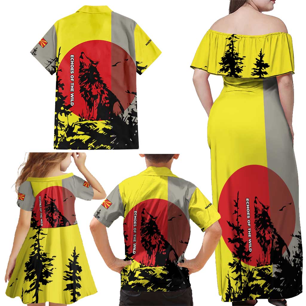 Macedonia Family Matching Off Shoulder Maxi Dress and Hawaiian Shirt with Howling Wolf and Sunset Forest Design - Wonder Print Shop