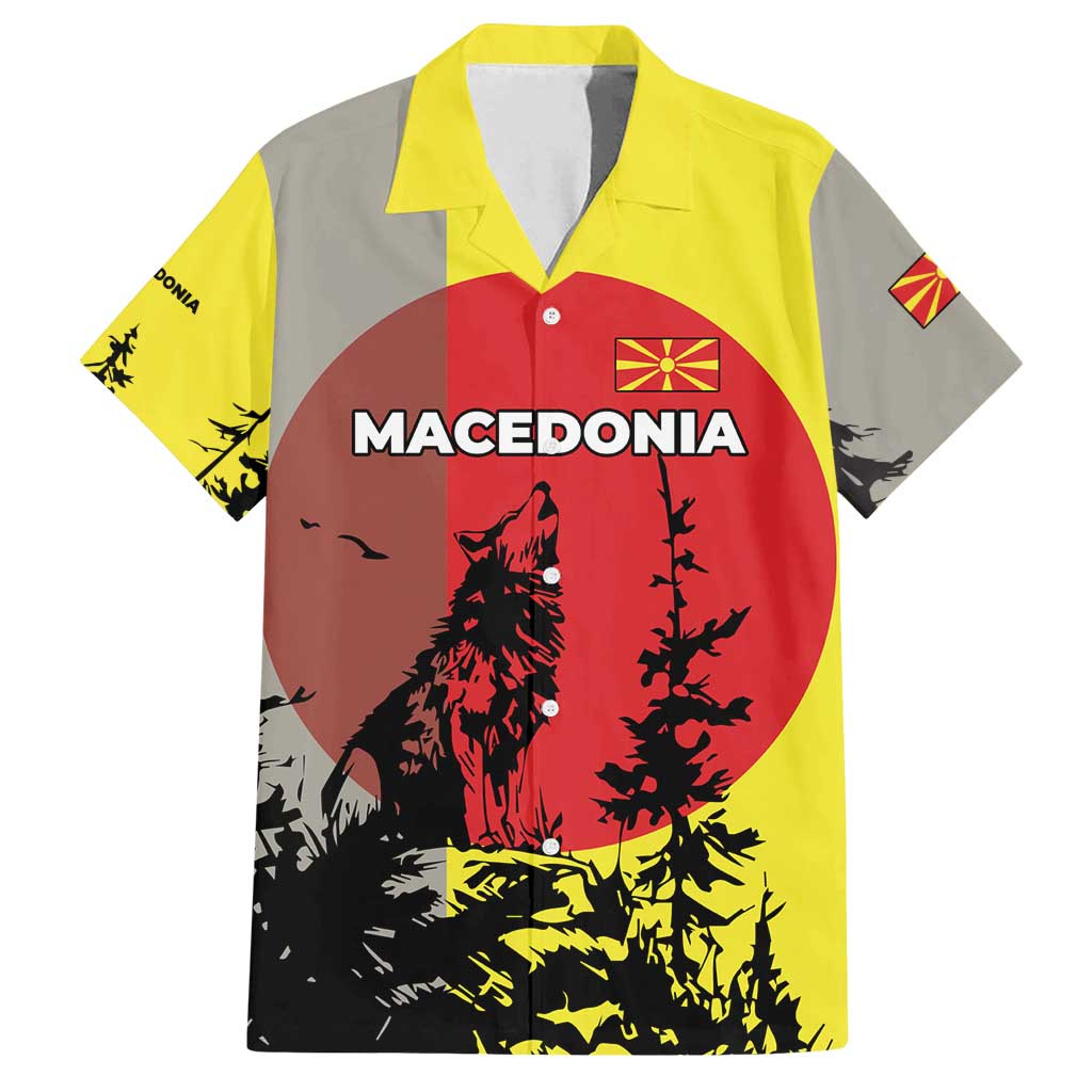 Macedonia Family Matching Off Shoulder Maxi Dress and Hawaiian Shirt with Howling Wolf and Sunset Forest Design - Wonder Print Shop