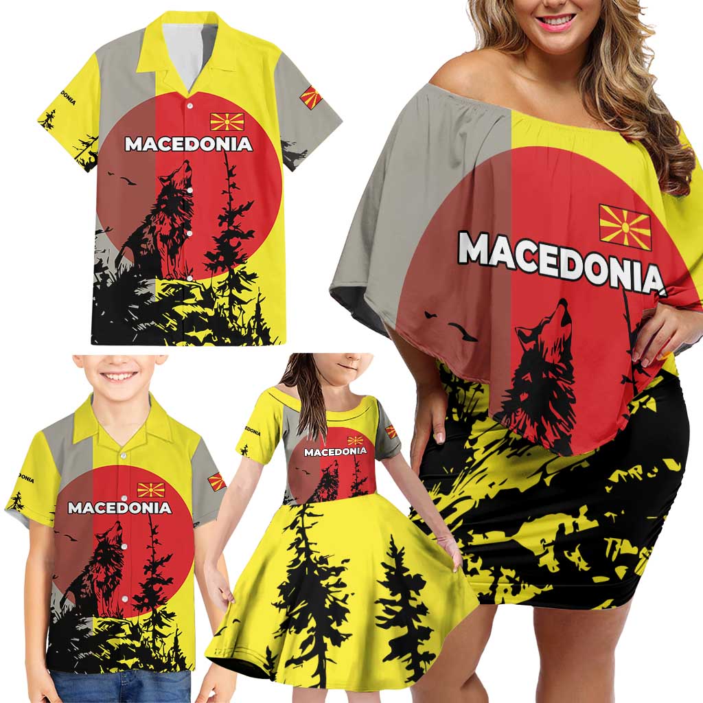 Macedonia Family Matching Off Shoulder Short Dress and Hawaiian Shirt with Howling Wolf and Sunset Forest Design - Wonder Print Shop