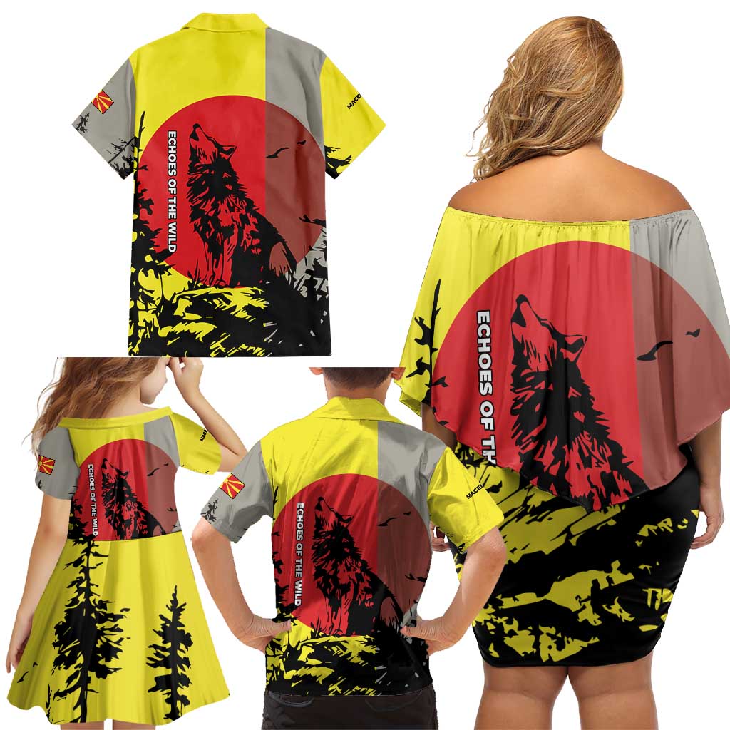 Macedonia Family Matching Off Shoulder Short Dress and Hawaiian Shirt with Howling Wolf and Sunset Forest Design - Wonder Print Shop