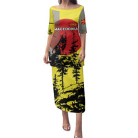 Macedonia Family Matching Puletasi and Hawaiian Shirt with Howling Wolf and Sunset Forest Design - Wonder Print Shop