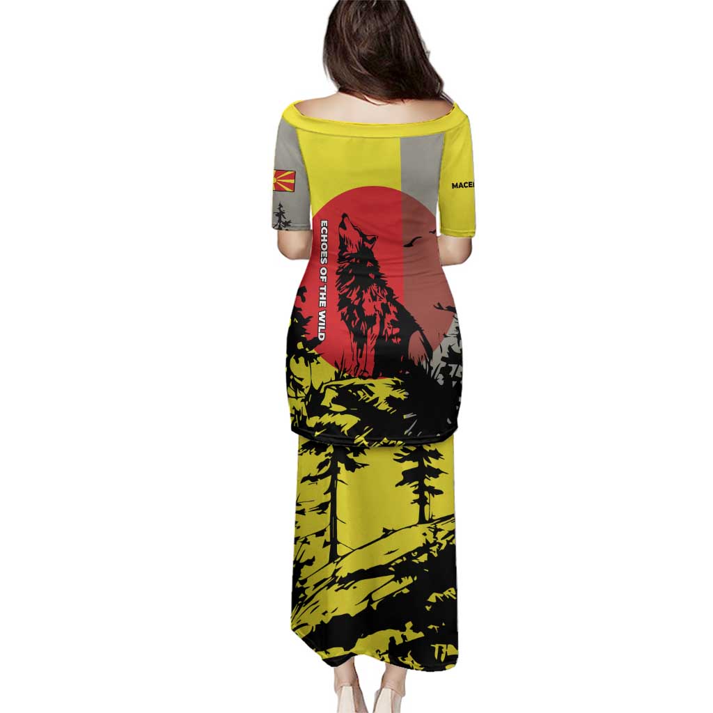 Macedonia Family Matching Puletasi and Hawaiian Shirt with Howling Wolf and Sunset Forest Design - Wonder Print Shop