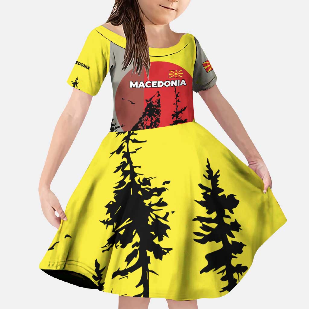 Macedonia Family Matching Short Sleeve Bodycon Dress and Hawaiian Shirt with Howling Wolf and Sunset Forest Design - Wonder Print Shop