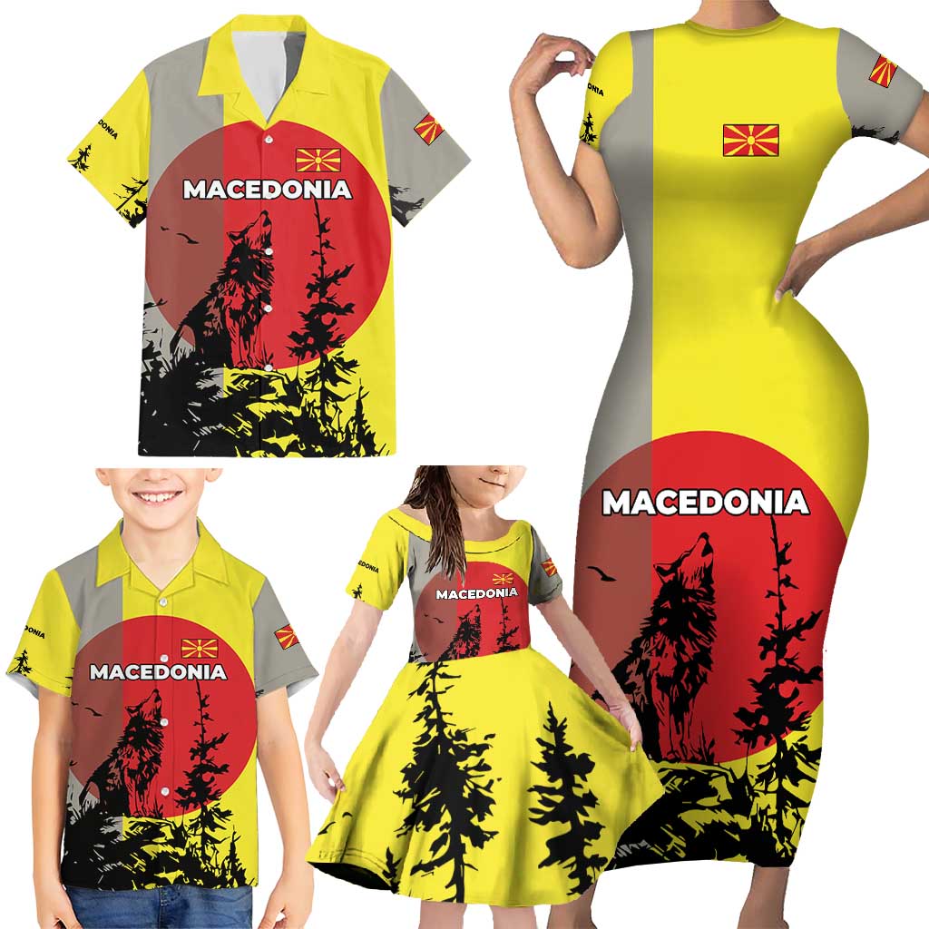 Macedonia Family Matching Short Sleeve Bodycon Dress and Hawaiian Shirt with Howling Wolf and Sunset Forest Design - Wonder Print Shop